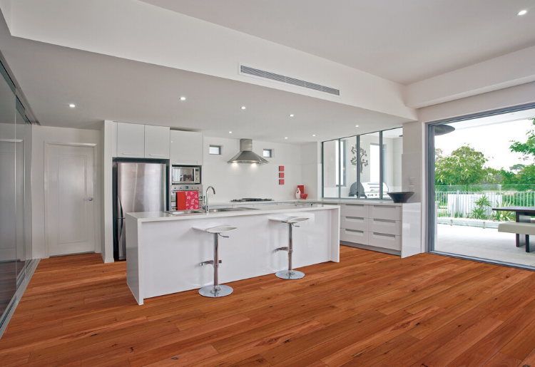 An Open Concept Kitchen with a Fine Wooden Flooring