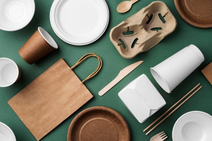 Paper plates, cups, and utensils arranged on a green surface for a convenient and eco-friendly dining setup.